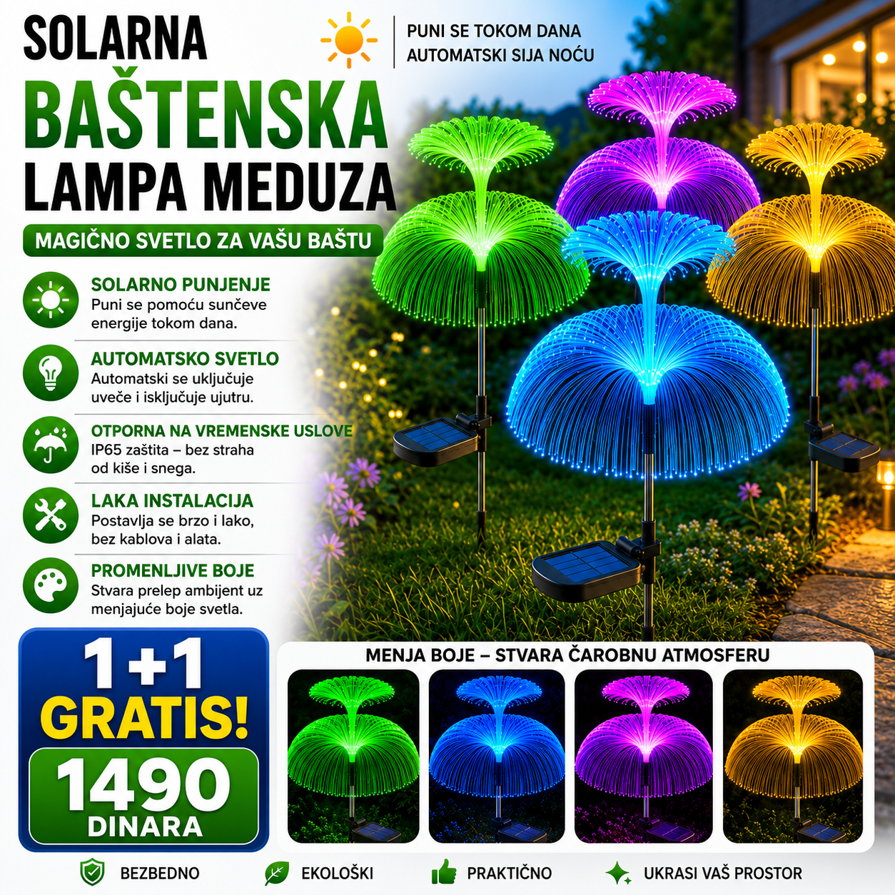Solarna baštenska lampa meduza - 1+1 gratis