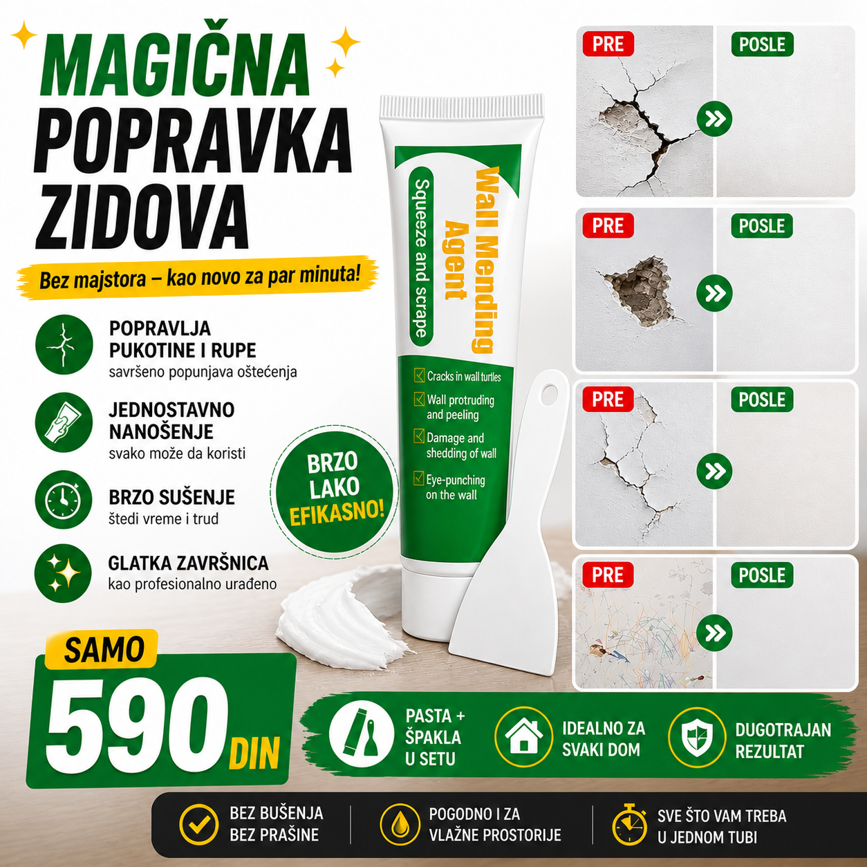 Pasta za reparaciju zidova + špakla gratis