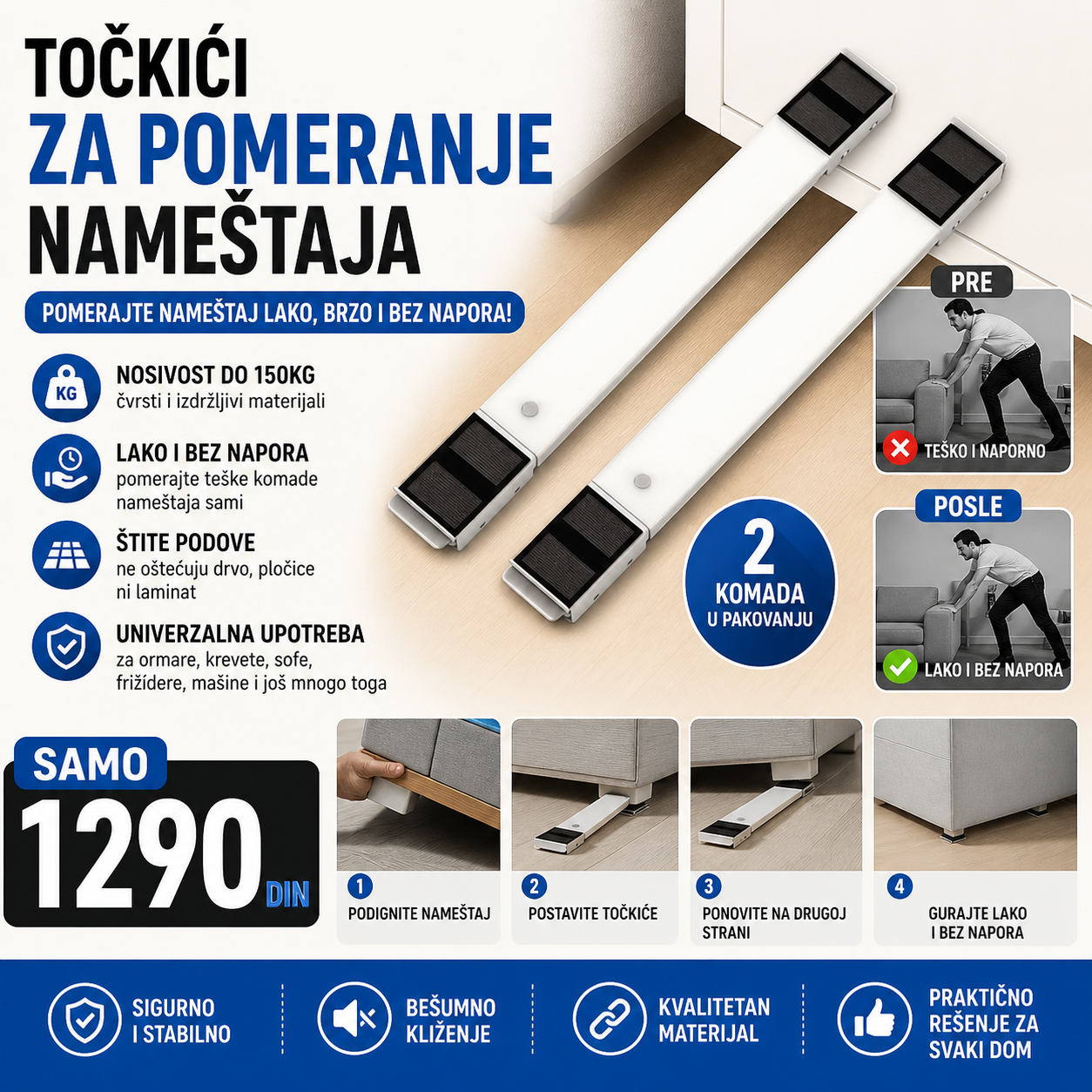 Podesivi točkići za pomeranje nameštaja - 2 komada