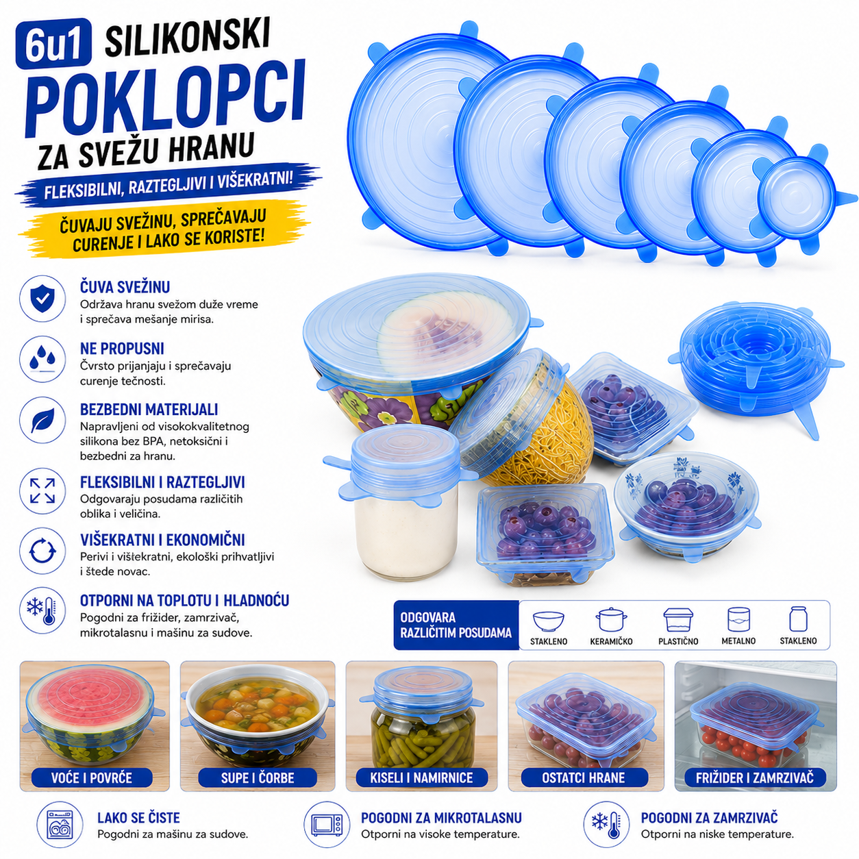 Silikonski poklopci za svežu hranu - 6 komada