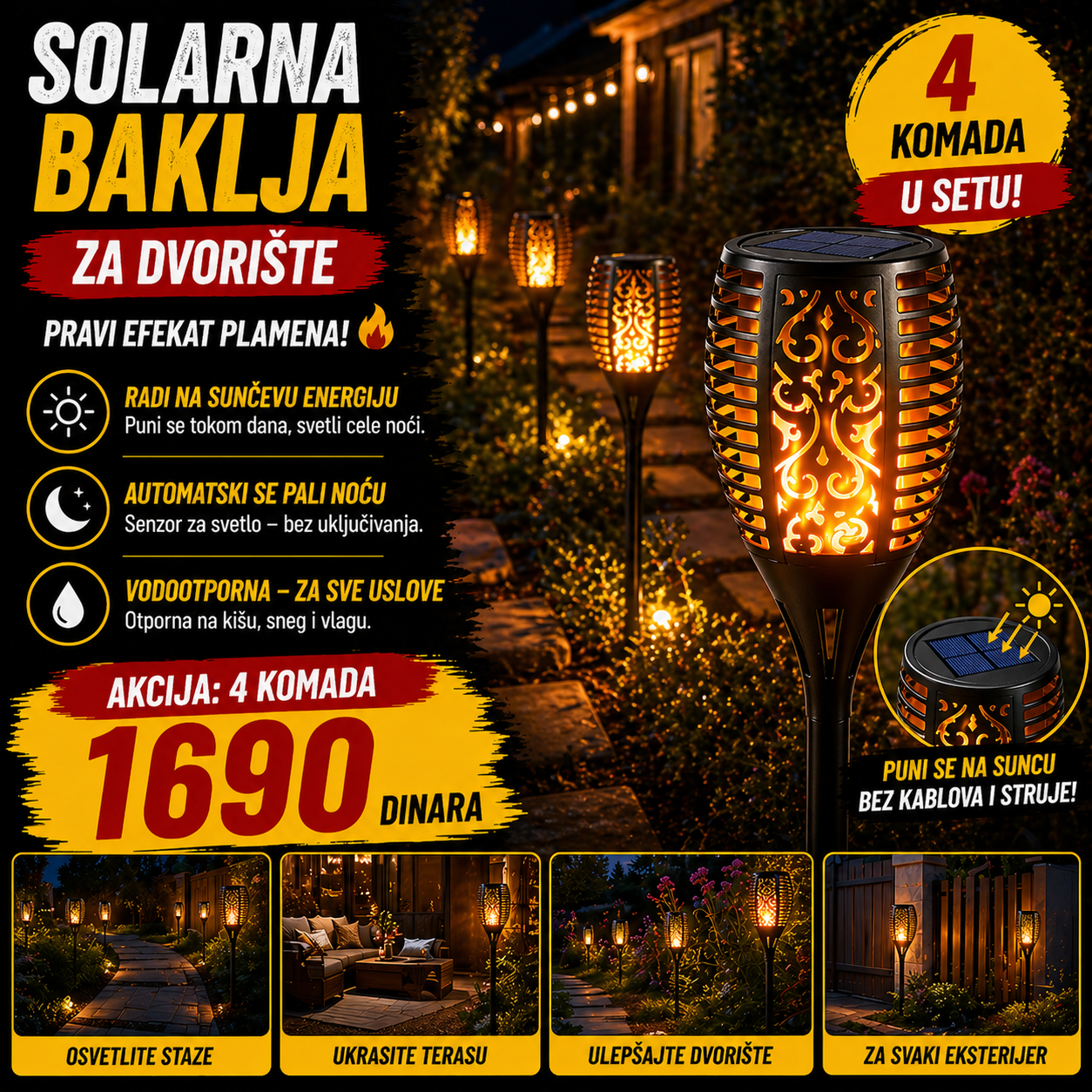 Solarna baklja sa efektom plamena - 4 komada