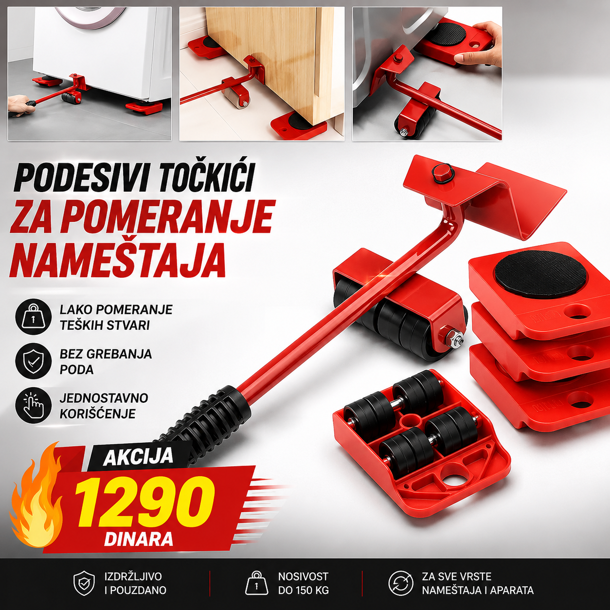 Točkići za pomeranje nameštaja sa polugom - 4 komada