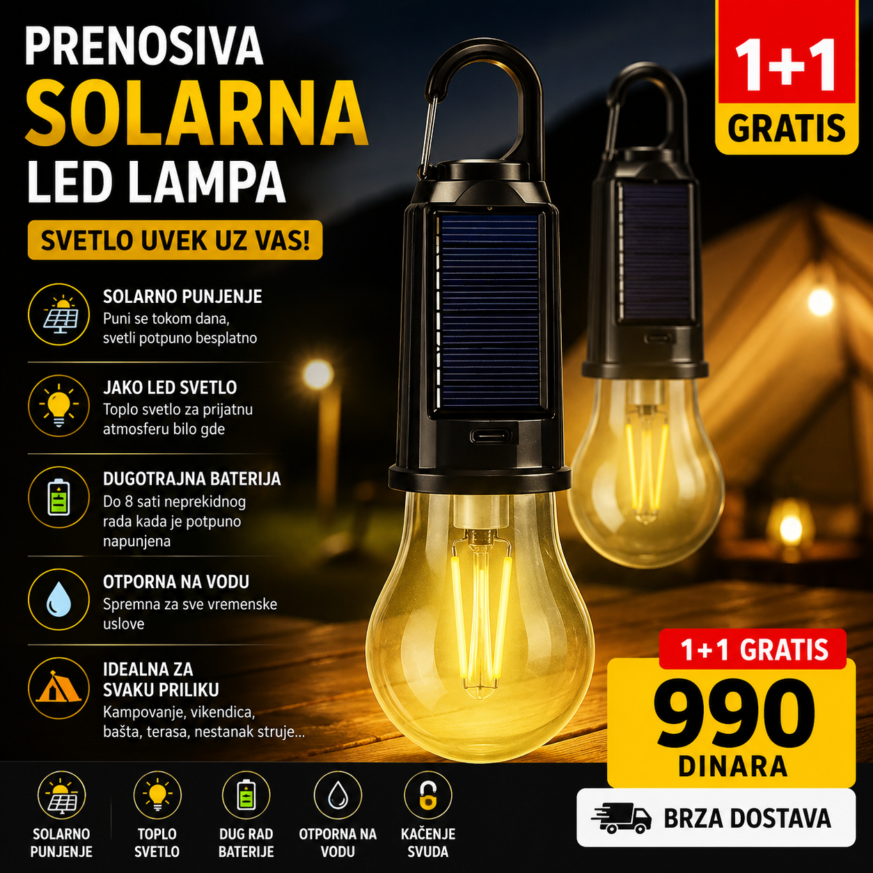 Solarna Lampa Za Kampovanje - 1+1 gratis