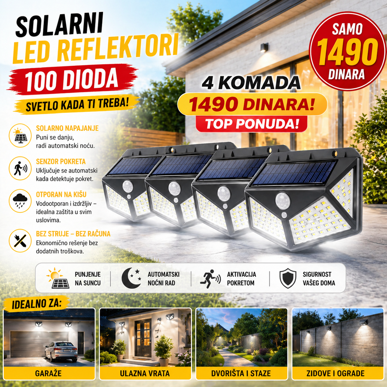 LED Solarni Reflektor 100 dioda - 4 komada