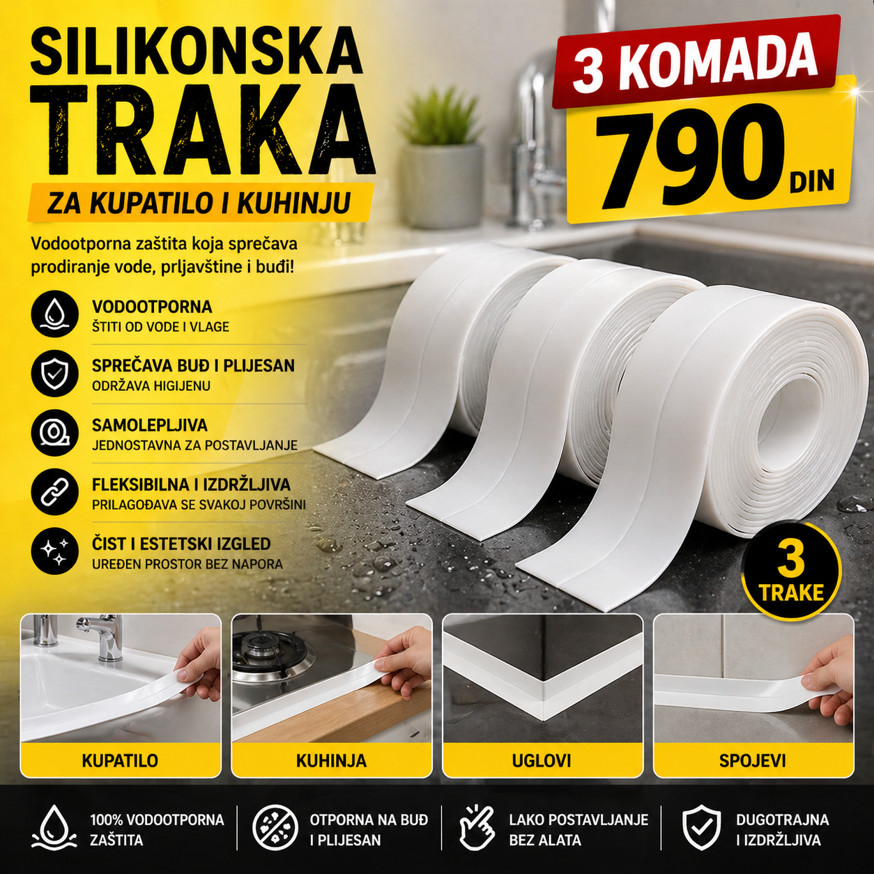 Vodootporna silikonska traka za kupatilo i kuhinju - 3 komada