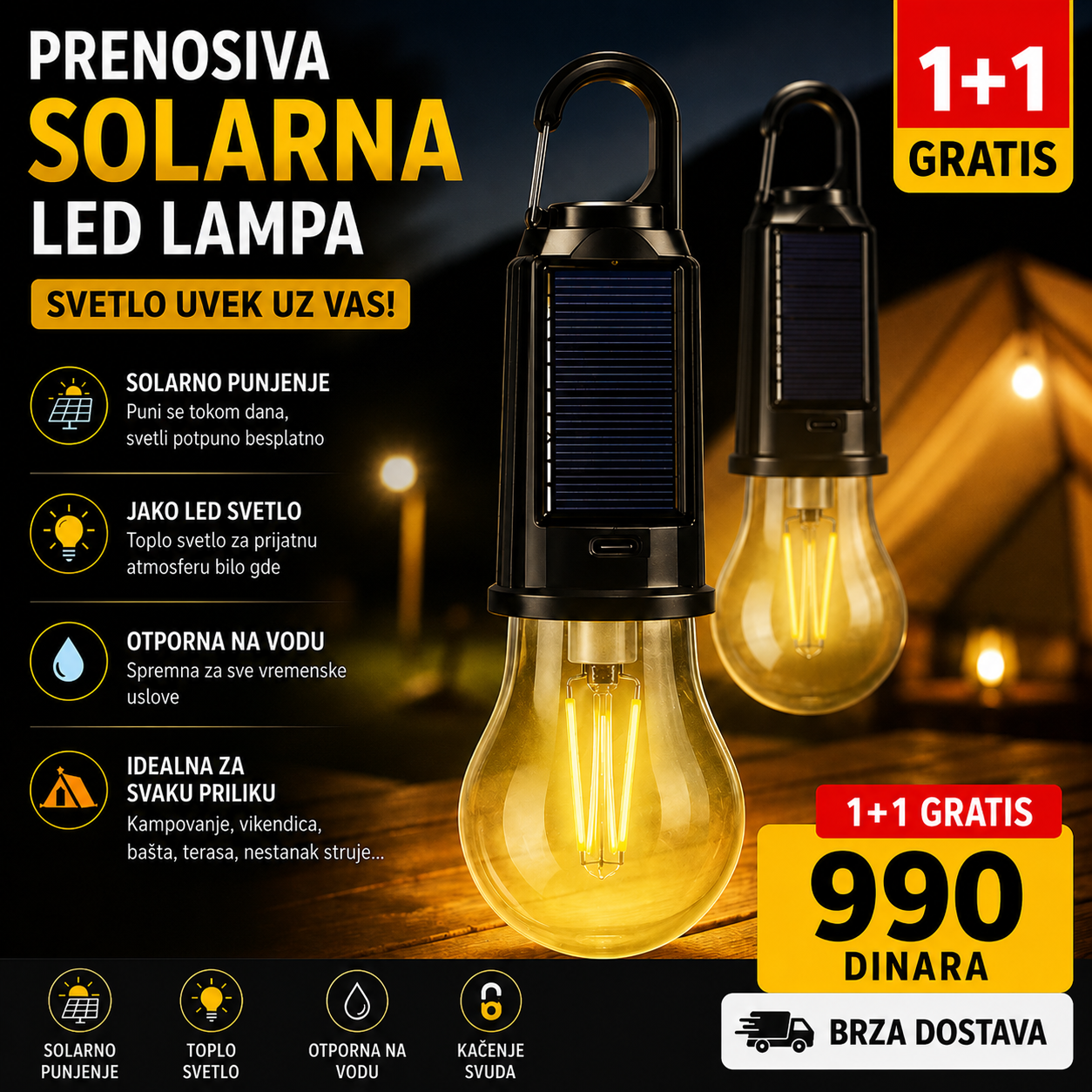 Solarna Lampa Za Kampovanje - 1+1 gratis