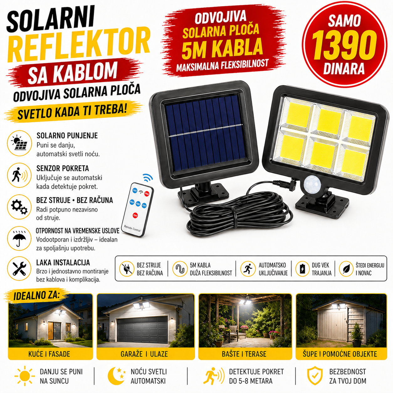 Led solarni reflektor sa kablom