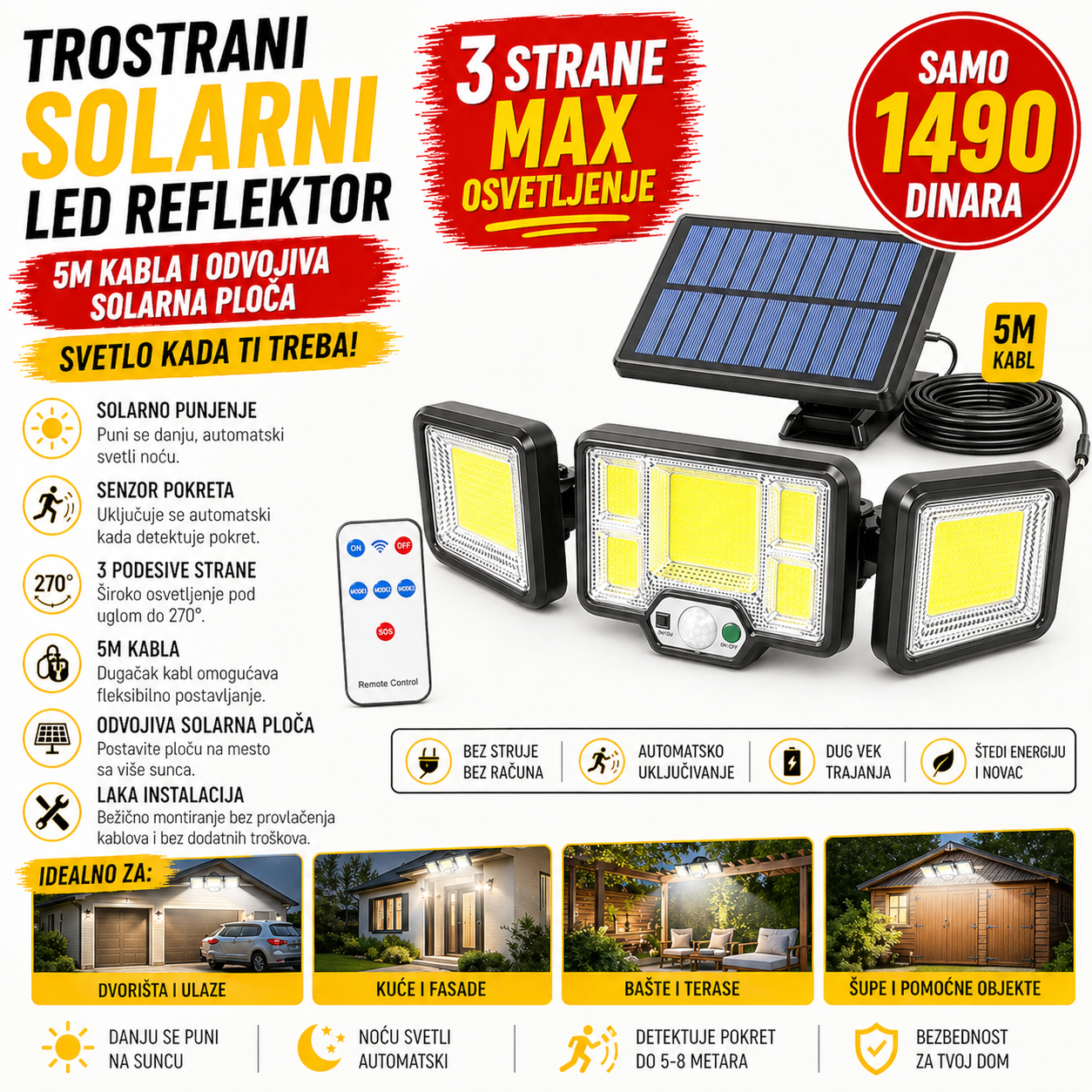 Trostrani Solarni LED Reflektor sa kablom