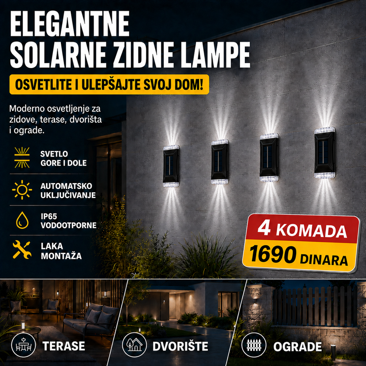 Elegantne Solarne Zidne Lampe - 4 komada